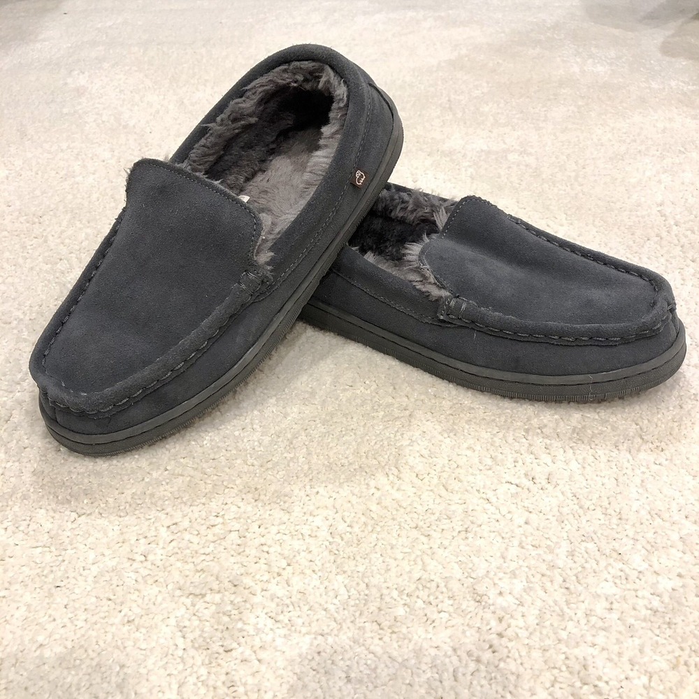 Lamo Harrison Men's Gray Suede Slippers Moccasin Loafer Faux Fur Lining Size 9